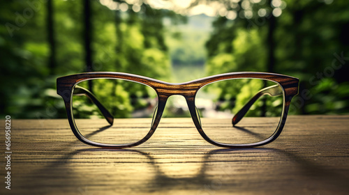 wooden glasses on wooden table surrounded by green forest in nature.
