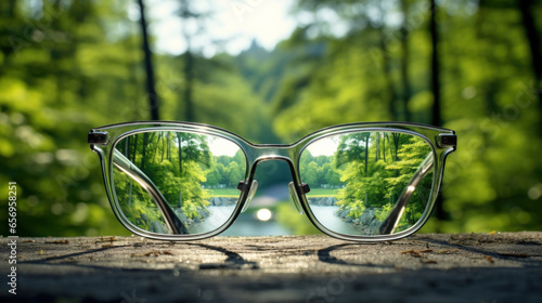 wooden glasses on wooden table surrounded by green forest in nature.