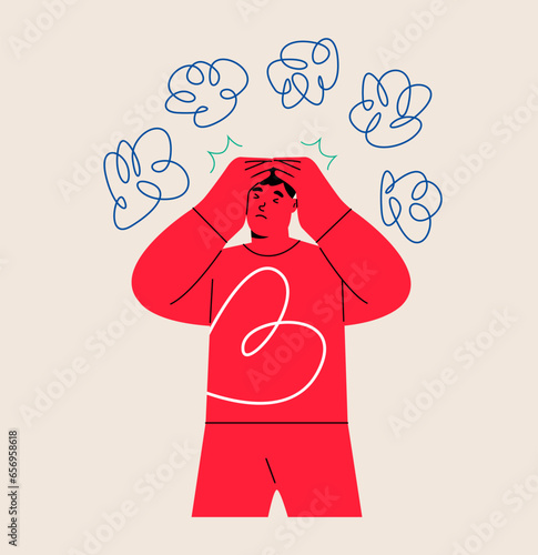 Anxious man suffering from obsession, anxiety, worrying, concerning. Intrusive thoughts. Psychology concept. Colorful vector illustration