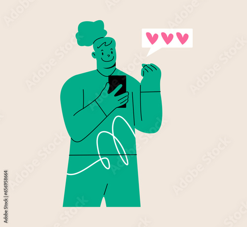 Cheerful woman popular blogger looking glad standing with smartphone and checking number of followers and likes. Colorful vector illustration