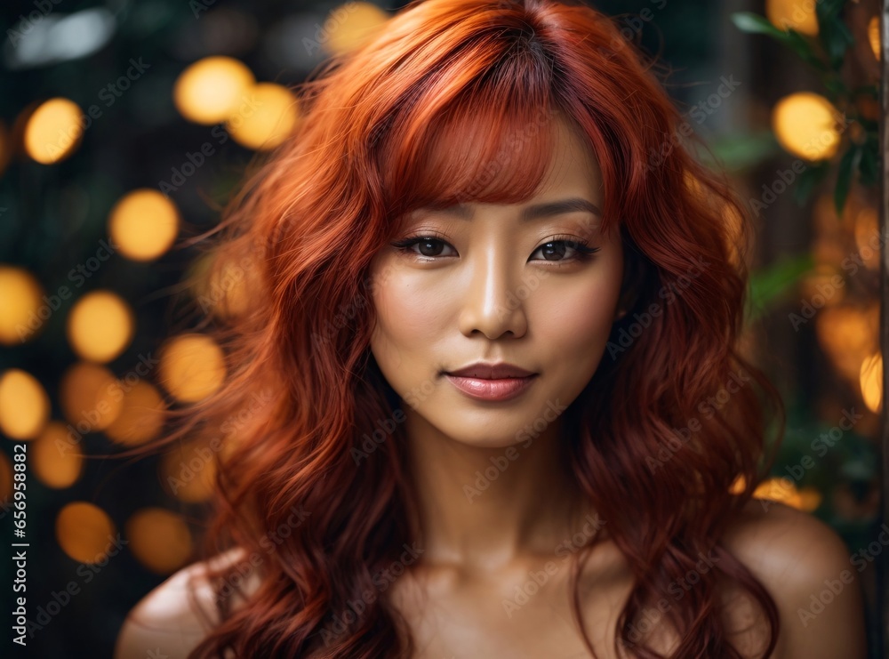 Japanese beautiful redhead woman portrait with smooth health skin face for advertising design. Fit asian beautiful aging young looking woman, generative Ai. Japanese beautiful redhead woman portrait with smooth health skin face for advertising design. Fit asian beautiful aging young looking woman, generative Ai.
