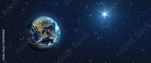 Fototapeta Naklejka Na Ścianę i Meble -  Bright star of Jesus and planet Earth in space. Bethlehem Star of the Nativity of Jesus Christ. Elements of this image furnished by NASA
