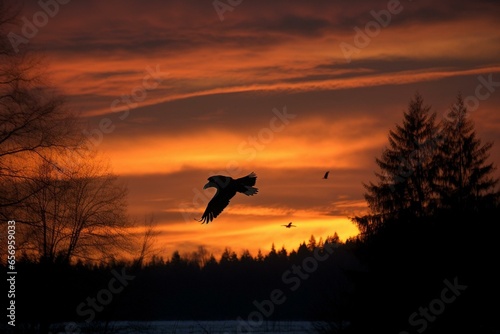 A sunset backdrop frames a bald eagle soaring through the sky. Generative AI