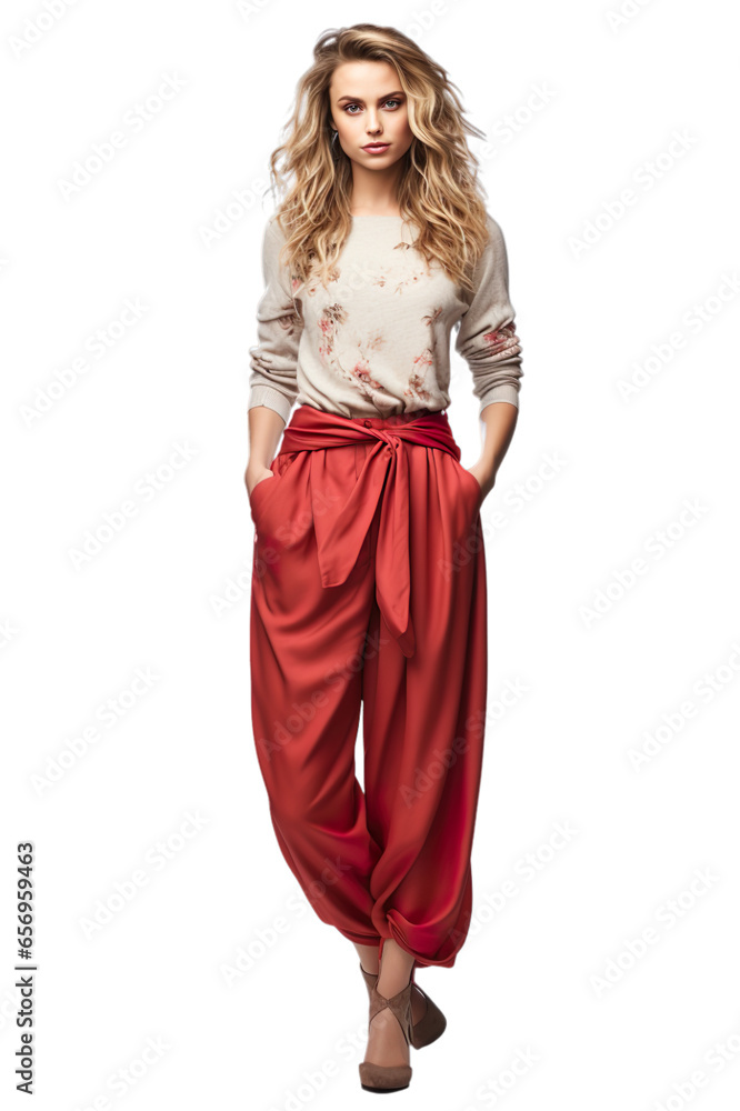 Blond hair girl standing in pose red ribbon belt on waist isolated on transparent background. Blond hair girl standing in pose red ribbon belt on waist isolated on transparent background.