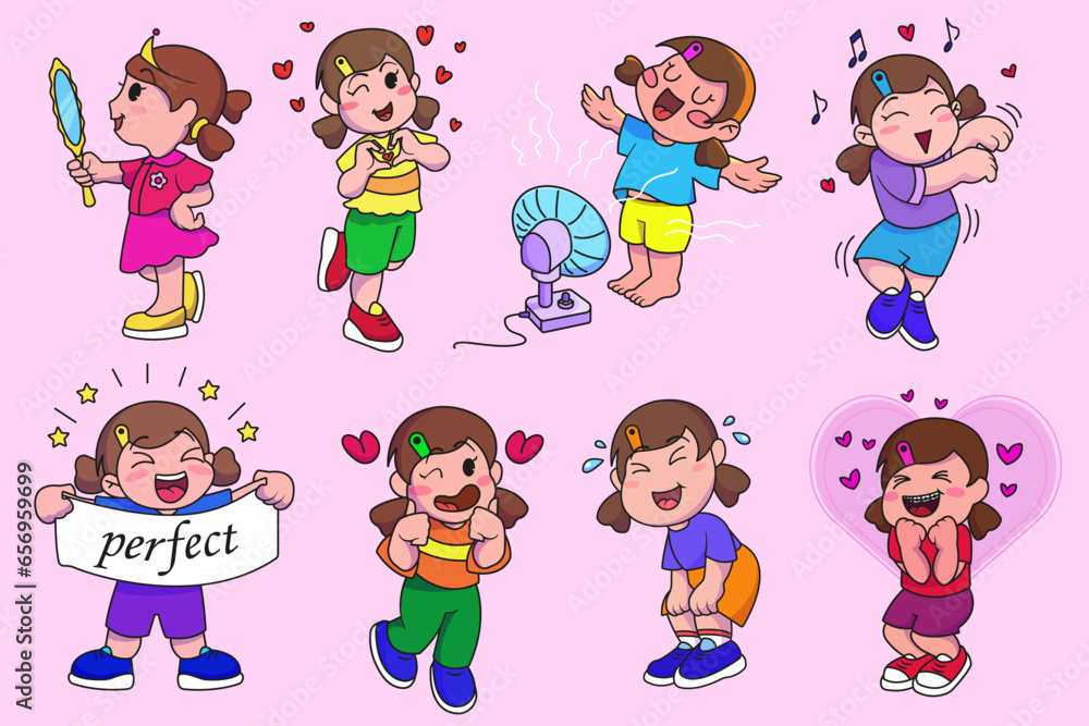 Cute set of girl smiling happily with hearts. Love, emotions, feelings. Isolated love icon concept. emotions. flat cartoon style Cute set of girl smiling happily with hearts. Love, emotions, feelings. Isolated love icon concept. emotions. flat cartoon style