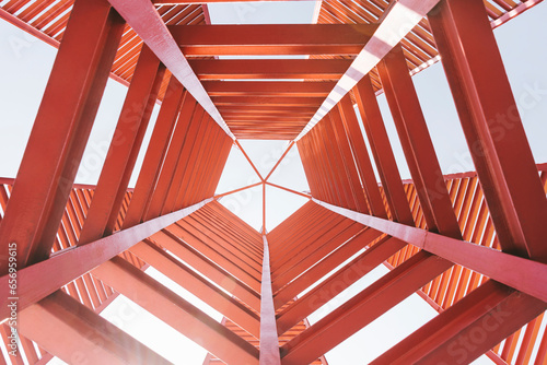 Mexico, Mexico City, Red geometric tower in Espacio Escultorico UNAM