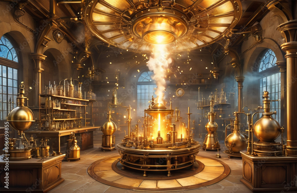 Gold decorated alchemist laboratory, stempunk mechanical Background