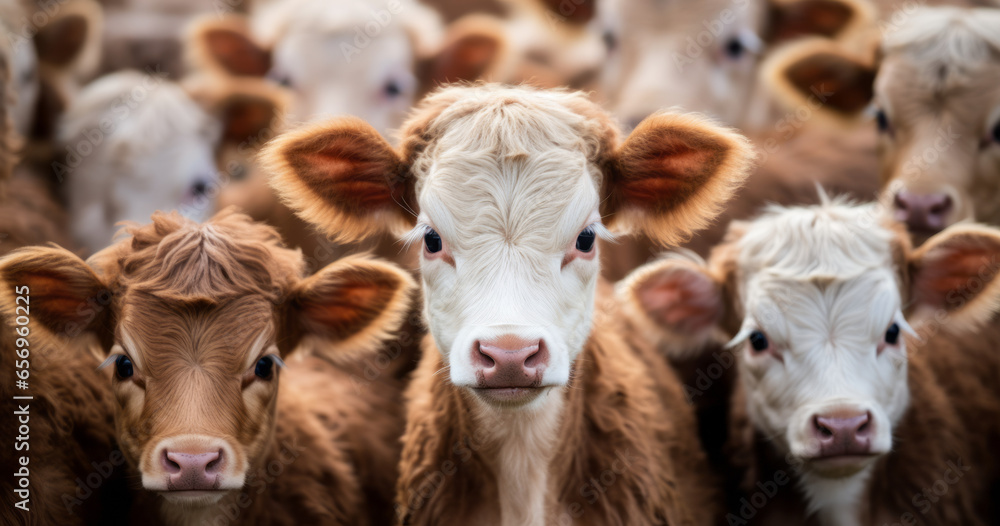 Ecological calves and cows at the domestic farm, calves at the factory