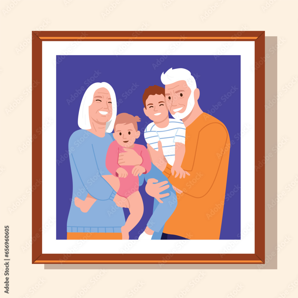 Family vector illustration. Framed photo of grandparents and grandchildren