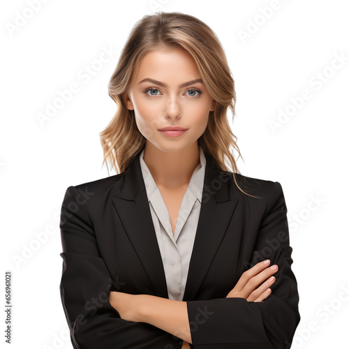 Half body Businesswoman hands folded isolated on transparent background.