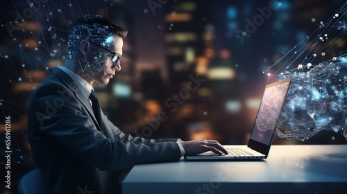 AI or Artificial intelligence concept. Businessman using computer use AI to help business and used in daily life  photo