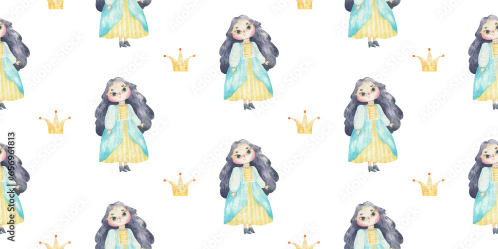 endless wrapping paper with girls, princess with long hair and bright dresses. Cute baby clipart. Illustration seamless pattern for childish design, print, nursery, background, wallart endless wrapping paper with girls, princess with long hair and bright dresses. Cute baby clipart. Illustration seamless pattern for childish design, print, nursery, background, wallart
