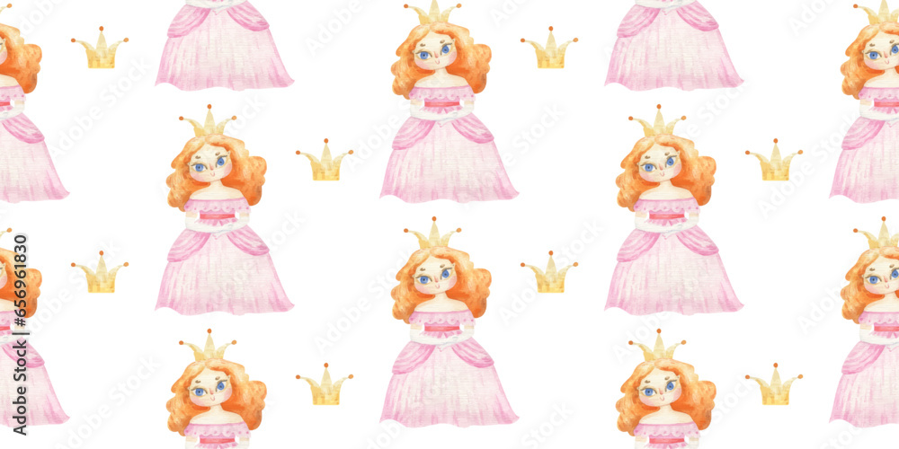 endless wrapping paper with girls, princess with long hair and bright dresses. Cute baby clipart. Illustration seamless pattern for childish design, print, nursery, background, wallart