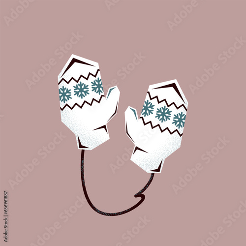 White winter mittens. Knitted mittens with snowflakes. Symbol of the Christmas holidays. Vector illustration.
