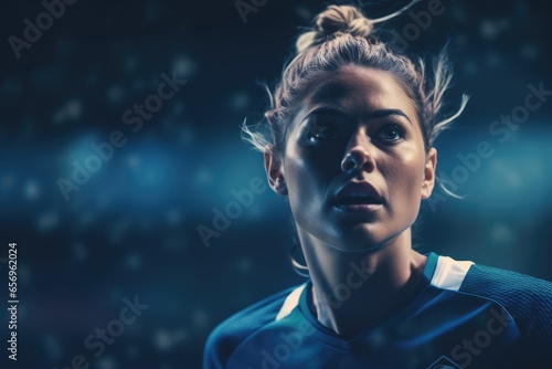 Female soccer player focused face during a penalty kick - Moments of Decision - Close Up - AI Generated photo