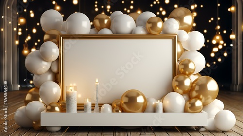 Paper table with gold and white balloon 