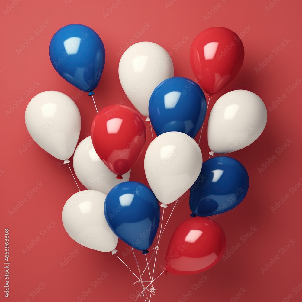 White blue red balloons, colors of the Russian-French flag on a red background in the studio with empty space for text