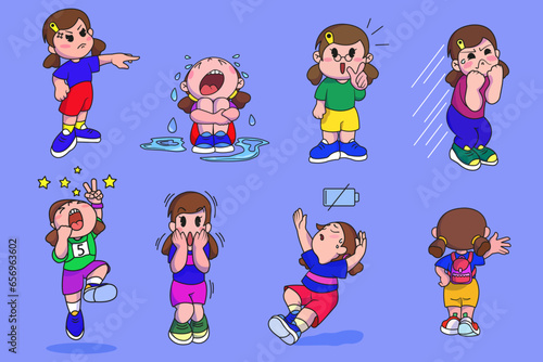 Cute set of girl crying, angry, sad, afraid, happy, tired. Love, emotions, feelings. Isolated emotion icon concept. flat cartoon style