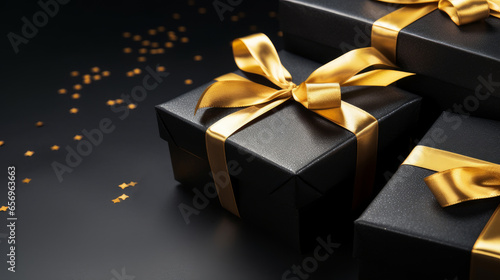 Black gift boxes with gold ribbon on a dark background with lights. Black Friday Sale Day