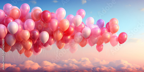 Bright and beautiful Multicolored and pink balloons fly across the sky with empty space for text