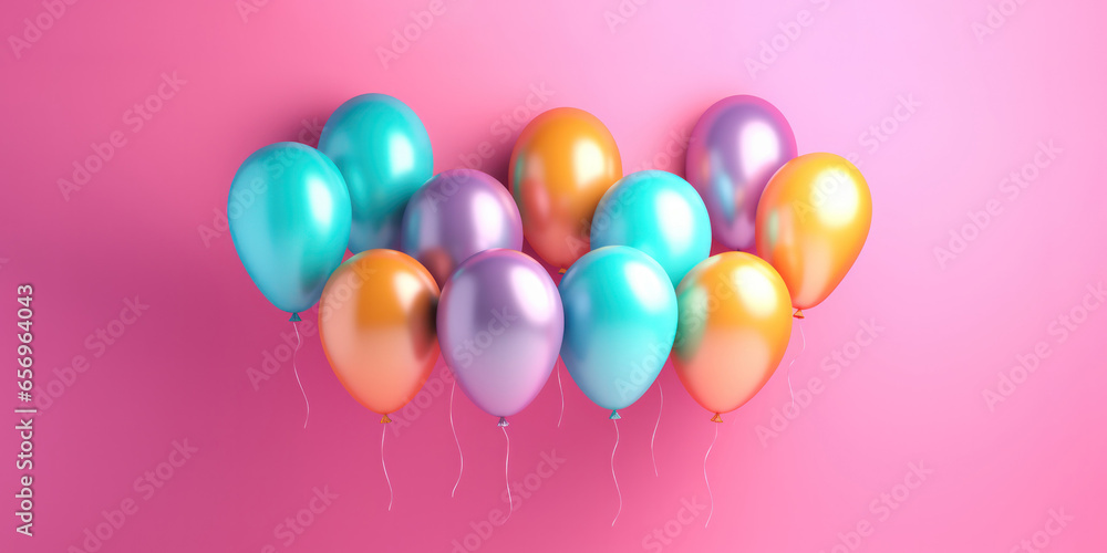 Many colorful bright and beautiful balloons in the studio with a pink background and with empty space for text