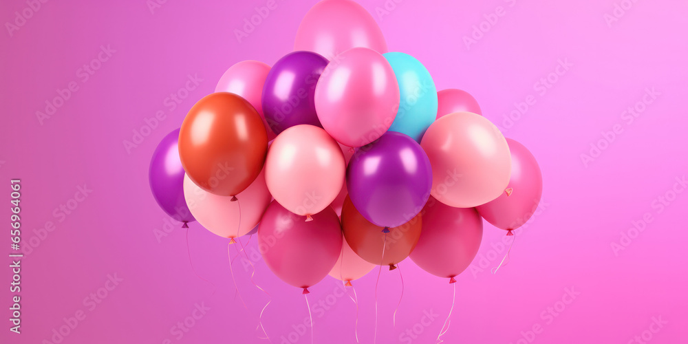 Many colorful bright and beautiful balloons in the studio with a violet-lilac background and with empty space for text