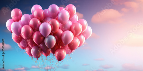 Bright and beautiful Multicolored and pink balloons fly across the sky with empty space for text