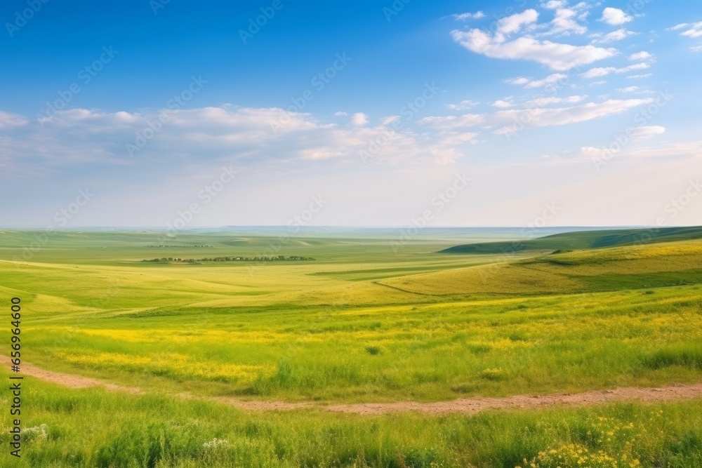 A peaceful countryside landscape with a winding dirt road cutting through a vibrant green field