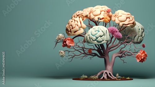 Artistic Brain with Blooming Flowers, self care and mental health concept, positive thinking, creative mind. generative ai