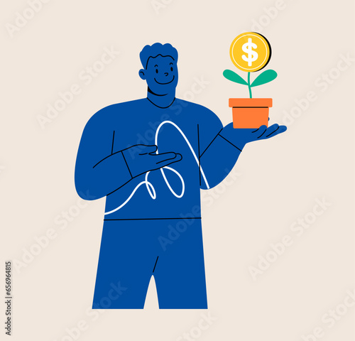 Happy man holding growing plant with dollar money coin flower.  Investment concept. Colorful vector illustration
