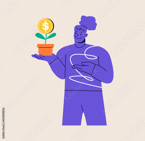 Happy woman holding growing plant with dollar money coin flower.  Investment concept. Colorful vector illustration