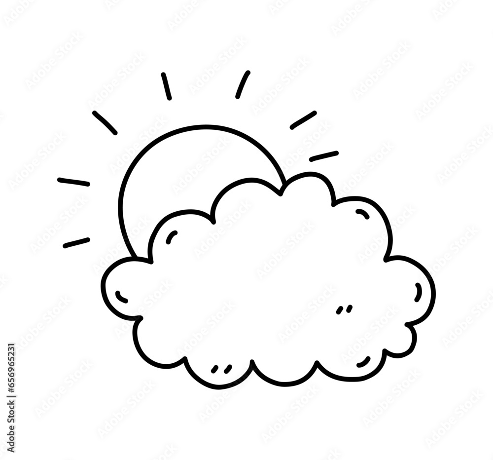 The sun behind the cloud isolated on white background. Weather element. Vector hand-drawn illustration in doodle style. Perfect for cards, decorations, logo, various designs. The sun behind the cloud isolated on white background. Weather element. Vector hand-drawn illustration in doodle style. Perfect for cards, decorations, logo, various designs.