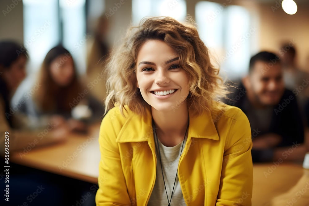 Obraz premium Photo of beautiful happy woman looking at camera while sitting at office. generative ai