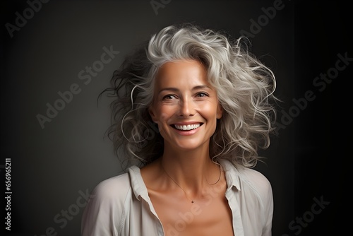 Beautiful gorgeous 50s mid age beautiful elderly senior model woman with grey hair laughing and smiling. generative ai photo