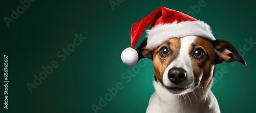 An image capturing the holiday spirit with a dog donning a Santa hat on a lush green background. © Ivy
