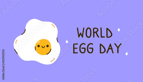 World Egg Day. Banner with a cute and smiling fried egg on a purple background. Perfect for posters, cards, social media, various designs. October 13th