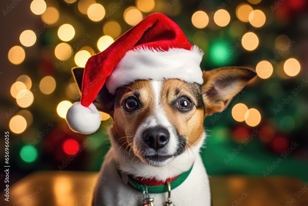 A holiday-themed dog portrait featuring the furry friend adorned in a Santa Claus hat on a vivid background.