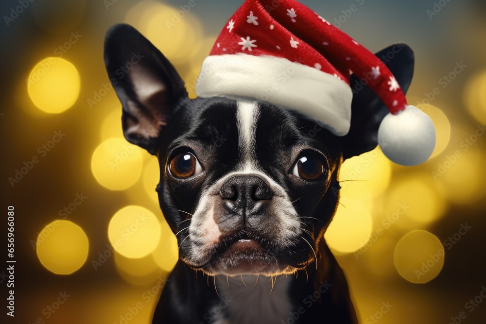 A Christmas-themed dog portrait featuring the pup in a Santa hat, set against a vivid background.