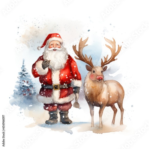 Santa Claus watercolor, portrait, Christmas, hat, winter,Santa cute watercolor illustration.
