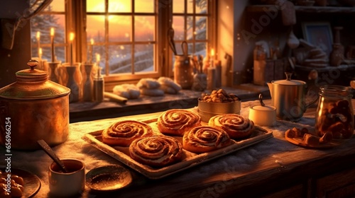 a cozy winter morning, where the scent of cinnamon fills the house as cinnamon rolls bake in the oven