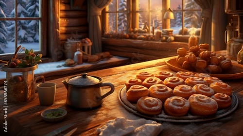 a cozy winter morning, where the scent of cinnamon fills the house as cinnamon rolls bake in the oven