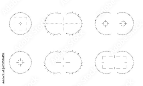 Set of viewfinder scales of binocular, monocular, telescope, periscope. Graphic distance charts isolated on white background. Digital screen point of view graphic design. Vector illustration