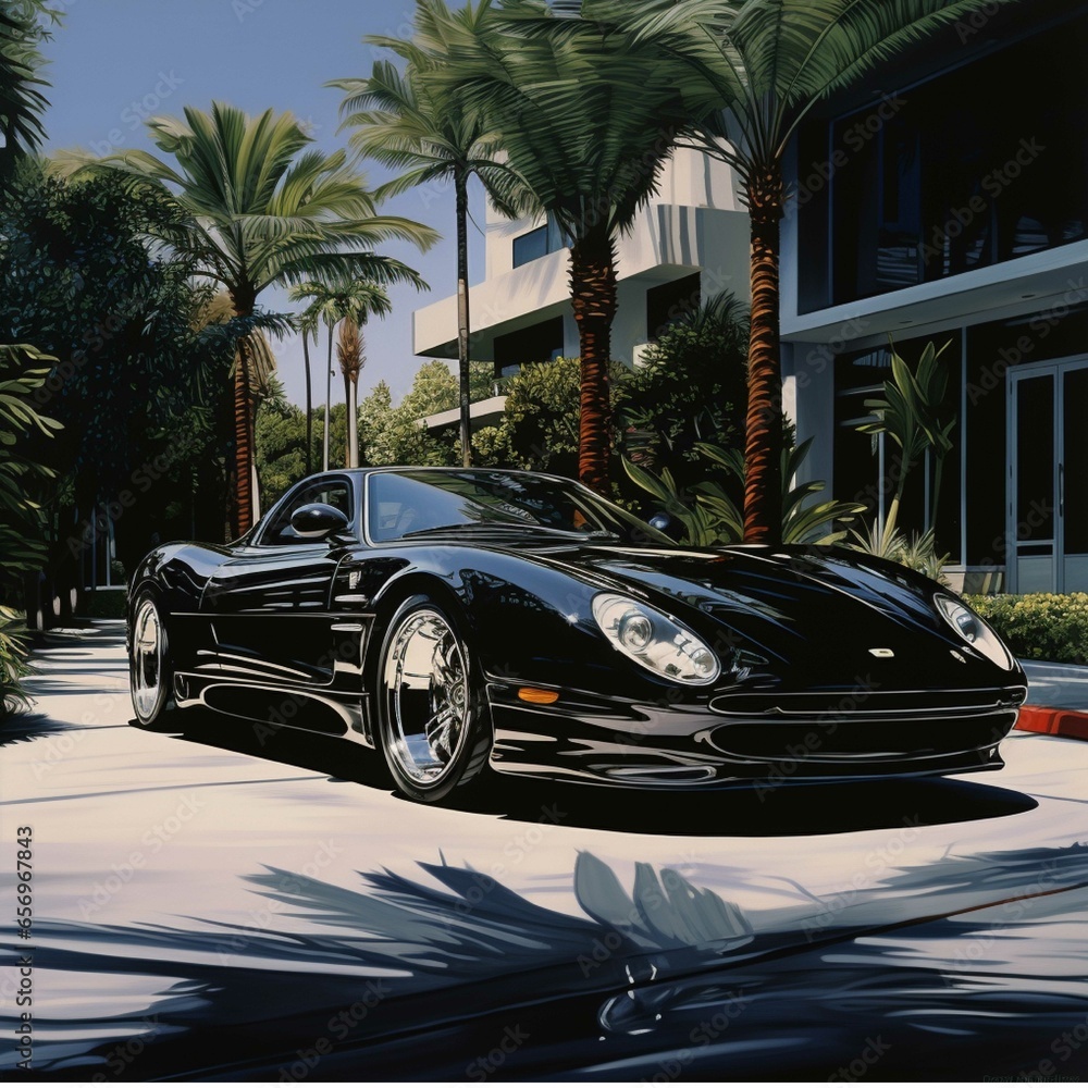 Black sports car on the road 3d rendering toned image