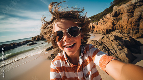 happy child boy takes selfie near ocean photo
