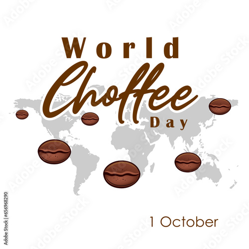 Happy International Coffee Day 1 October, banner template design. Illustration of aromatic coffee beans, steam and world map silhouette. Coffee is a drink loved by people. Vector Illustration