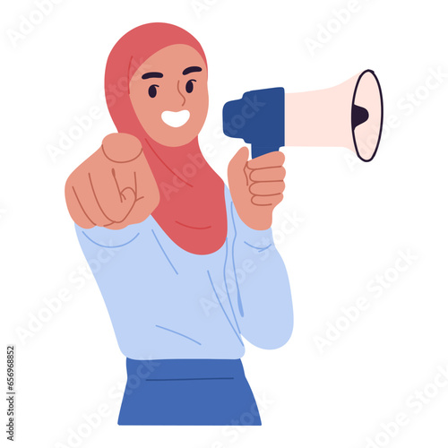 .young woman holding megaphone with one hand pointing