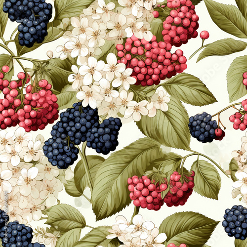 Elderberry and elderflower seamless pattern, water color , AI generated photo