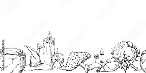 Wallpaper Mural Hand drawn ink vector witch altar carved pumpkin, mushroom isolated seamless banner. Sketch illustration art Halloween, witchcraft, occult, alchemy. Design shops, logo, print, website, card, booklet Torontodigital.ca