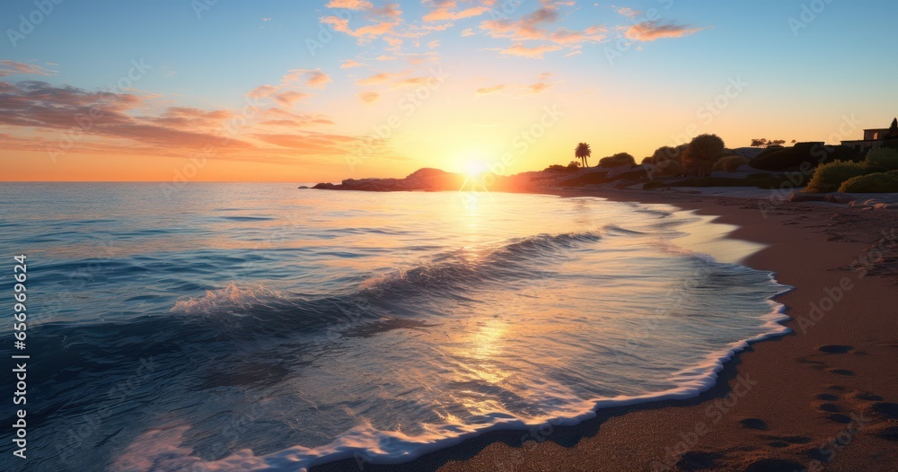 Sun rising over tranquil Mediterranean shores