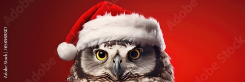 A festive owl portrait featuring a Christmas owl donning a Santa Claus hat against a crimson background.